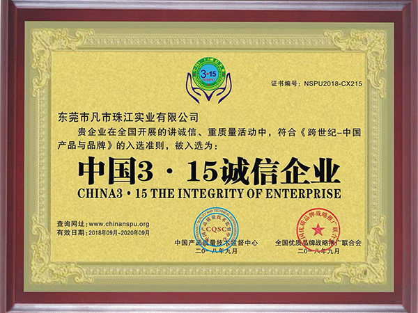 中国3.15诚信企业证书